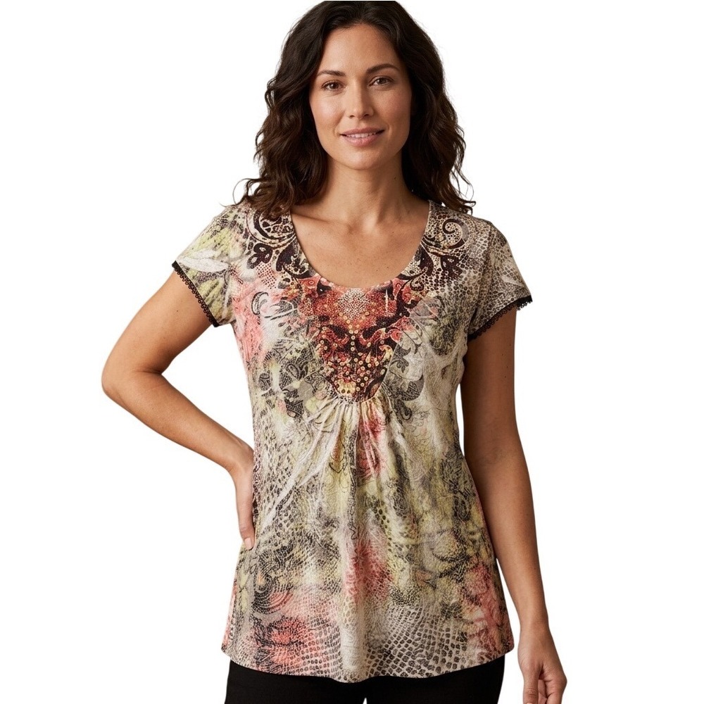 One World Mixed Print Sequin Scoop Neck Top Size M Multicolor Empire Waist Artsy